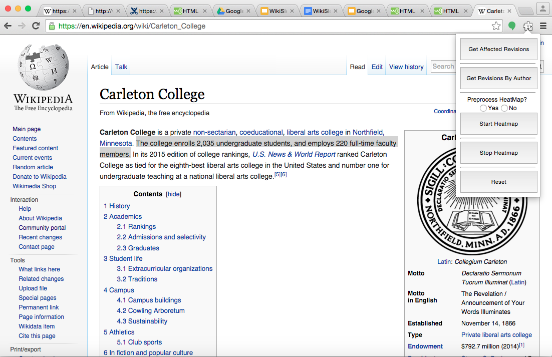 Affected Revisions Pane on Carleton Wikipedia Page