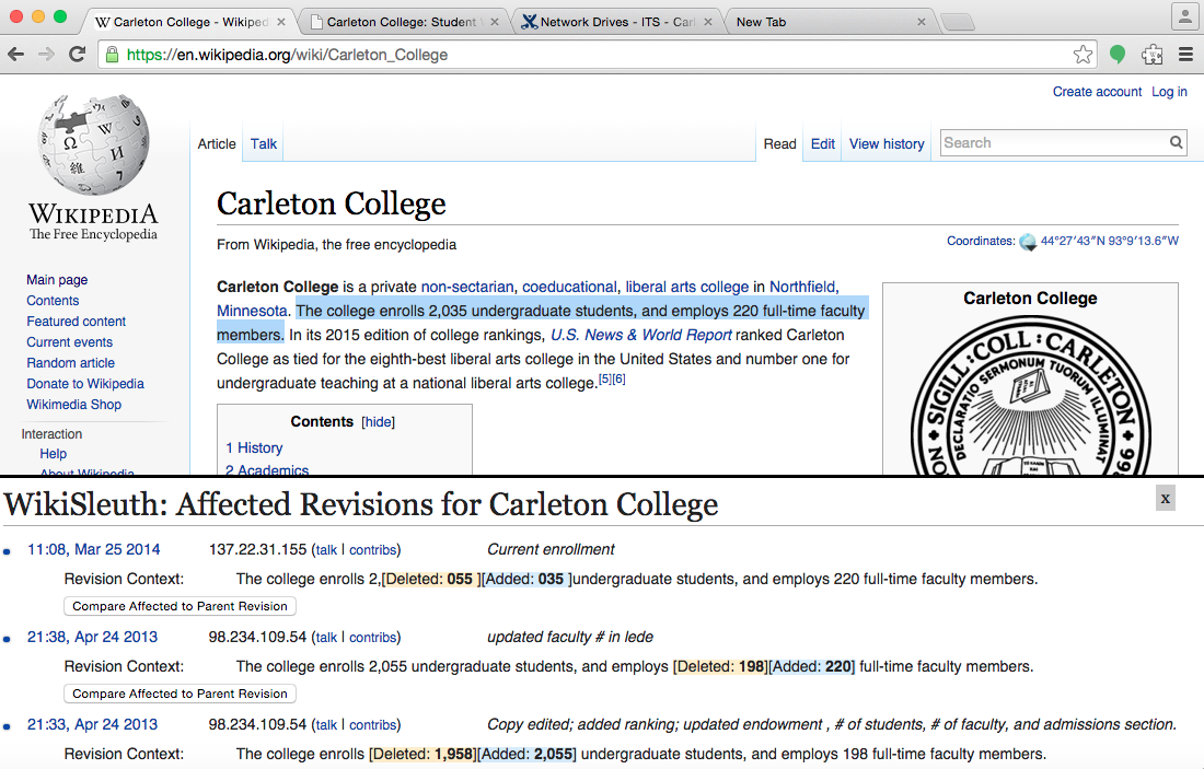 Affected Revisions Pane on Carleton Wikipedia Page