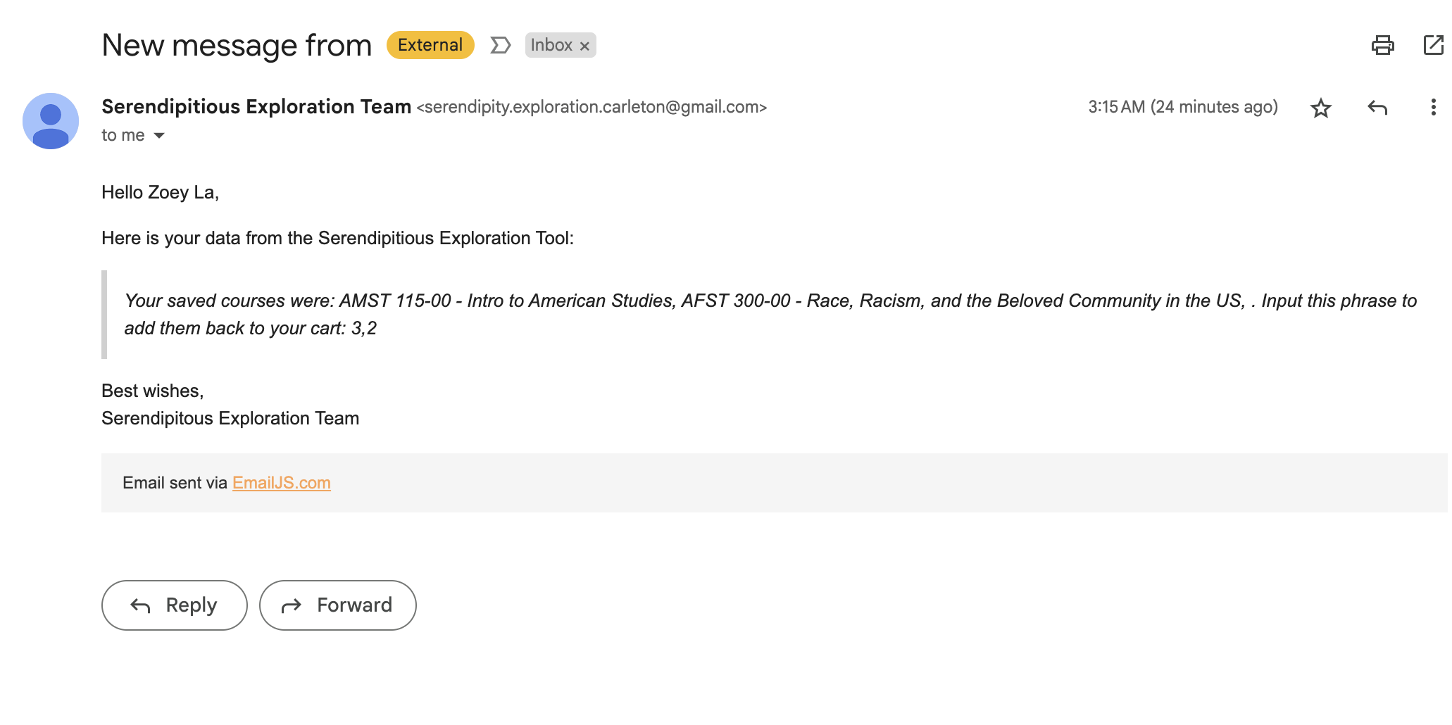 Emailed saved courses Demo