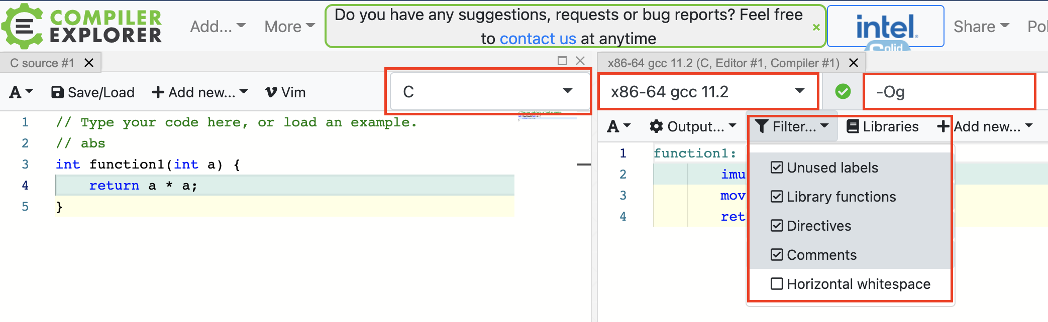 compiler explorer settings